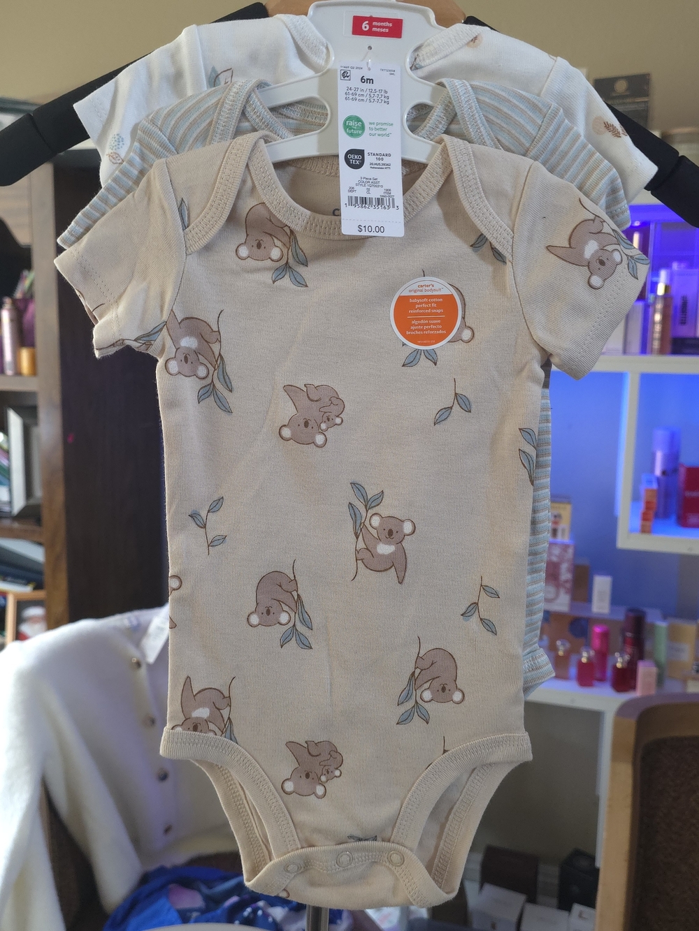 Neutral Koala Print Short-Sleeve Baby One-Piece - Beige Size 6m